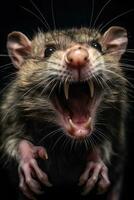 Aggressive rat on dark background. Generative AI photo