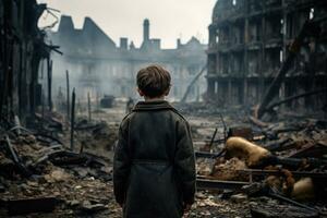 Little boy standing in ruins during war. Generative AI photo