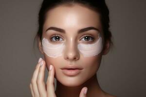 Woman applying moisturizing cream on face skin. Generative AI photo