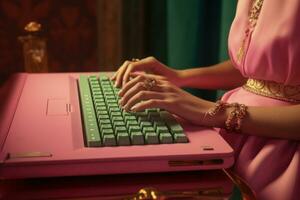 Woman using vintage computer. Generative AI photo