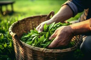 Picking tea leaves on plantation. Generative AI photo