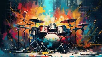 Generative AI, Jazz music street art with drums musical instrument silhouette. Ink colorful graffiti art on a textured wall, canvas background. photo