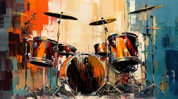 Generative AI, Jazz music street art with drums musical instrument silhouette. Ink colorful graffiti art on a textured wall, canvas background. photo