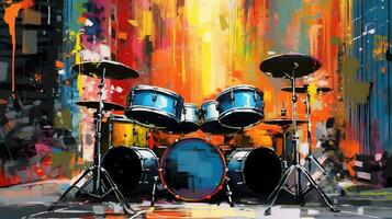 Generative AI, Jazz music street art with drums musical instrument silhouette. Ink colorful graffiti art on a textured wall, canvas background. photo