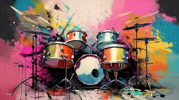 Generative AI, Jazz music street art with drums musical instrument silhouette. Ink colorful graffiti art on a textured wall, canvas background. photo