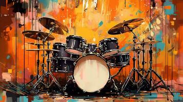 Generative AI, Jazz music street art with drums musical instrument silhouette. Ink colorful graffiti art on a textured wall, canvas background. photo