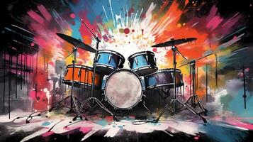 Generative AI, Jazz music street art with drums musical instrument silhouette. Ink colorful graffiti art on a textured wall, canvas background. photo