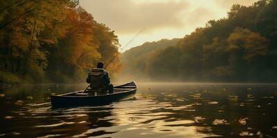 Generative AI, Fishing with rods on autumn landscape near the river, fisherman with spinning, muted colors photo