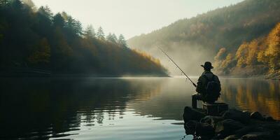 Generative AI, Fishing with rods on autumn landscape near the river, fisherman with spinning, muted colors photo