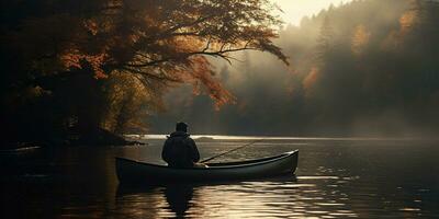 Generative AI, Fishing with rods on autumn landscape near the river, fisherman with spinning, muted colors photo