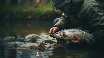 Generative AI, Fishing with rods on autumn landscape near the river, fisherman with spinning, muted colors photo