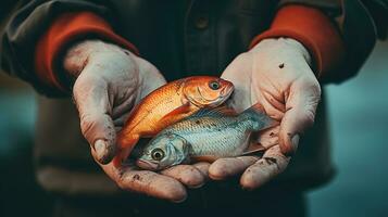 generativo ai, pescar con varillas en otoño paisaje cerca el río, pescador con hilado, apagado colores foto