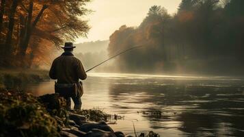 Generative AI, Fishing with rods on autumn landscape near the river, fisherman with spinning, muted colors photo