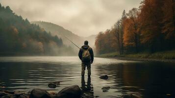 generativo ai, pescar con varillas en otoño paisaje cerca el río, pescador con hilado, apagado colores foto