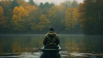 Generative AI, Fishing with rods on autumn landscape near the river, fisherman with spinning, muted colors photo