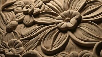 Generative AI, antique sculpture flowers made of clay, muted neutral colors, 3d style ceramic statue photo