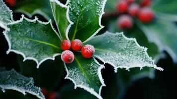 ai generativo cerca arriba de crujiente acebo hojas con hielo y rojo baya foto