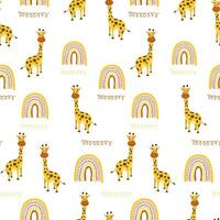 Seamless pattern with cute giraffes and rainbows on a white background. Pattern for children's clothing, notebook cover, wrapping paper. Vector image