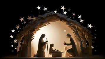 ai generativo Navidad iluminado por las estrellas natividad escena diorama retratar el historia de Jesús nacimiento foto