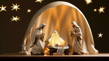 ai generativo Navidad iluminado por las estrellas natividad escena diorama retratar el historia de Jesús nacimiento foto