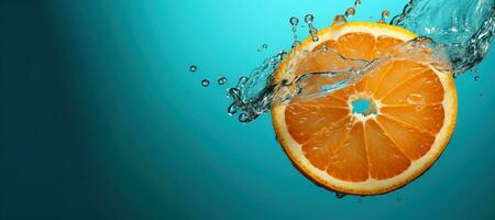 generativo ai, Fresco naranja macro, rebanada en agua chapoteo, naranja y azul turquesa colores foto