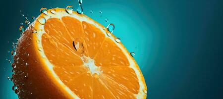 Generative AI, Fresh orange macro, slice in water splash, orange and blue turquoise colors photo