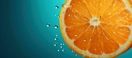 Generative AI, Fresh orange macro, slice in water splash, orange and blue turquoise colors photo