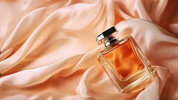 Generative AI, Bottle of perfume on a orange silk background. Glass flask with orange fragrance packaging design mock up photo