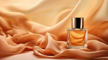 Generative AI, Bottle of perfume on a orange silk background. Glass flask with orange fragrance packaging design mock up photo