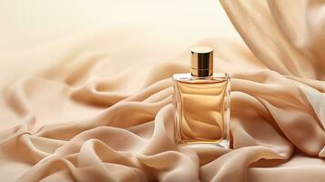 Generative AI, Bottle of perfume on a beige silk background. Glass flask with beige fragrance packaging design mock up photo