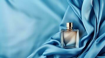 Generative AI, Bottle of perfume on a blue silk background. Glass flask with blue fragrance packaging design mock up photo