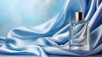 Generative AI, Bottle of perfume on a blue silk background. Glass flask with blue fragrance packaging design mock up photo