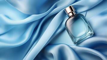 generativo ai, botella de perfume en un azul seda antecedentes. vaso matraz con azul fragancia embalaje diseño burlarse de arriba foto