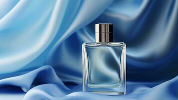 Generative AI, Bottle of perfume on a blue silk background. Glass flask with blue fragrance packaging design mock up photo