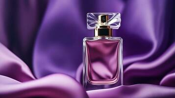 Generative AI, Bottle of perfume on a purple silk background. Glass flask with purple fragrance packaging design mock up photo