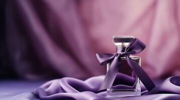 Generative AI, Bottle of perfume on a purple silk background. Glass flask with purple fragrance packaging design mock up photo