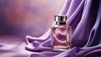 Generative AI, Bottle of perfume on a purple silk background. Glass flask with purple fragrance packaging design mock up photo