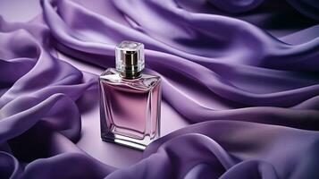 Generative AI, Bottle of perfume on a purple silk background. Glass flask with purple fragrance packaging design mock up photo