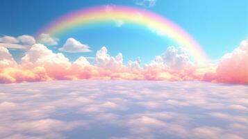 Generative AI, white fantastic clouds, sky and landscape with colorful rainbow. Gentle colors and with bright lights. photo