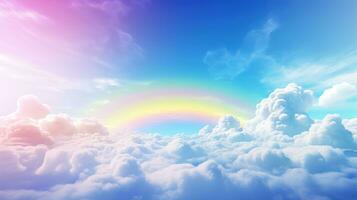 Generative AI, white fantastic clouds, sky and landscape with colorful rainbow. Gentle colors and with bright lights. photo