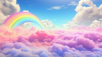 Generative AI, white fantastic clouds, sky and landscape with colorful rainbow. Gentle colors and with bright lights. photo