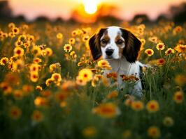 Curious dog exploring a field of blooming wildflower AI Generative photo