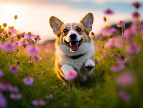 Curious dog exploring a field of blooming wildflower AI Generative photo