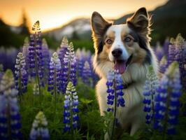 Curious dog exploring a field of blooming wildflower AI Generative photo