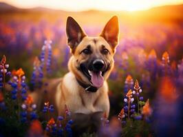 Curious dog exploring a field of blooming wildflower AI Generative photo