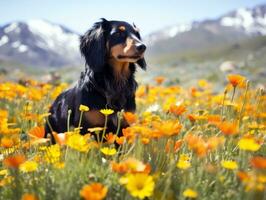 curioso perro explorador un campo de floreciente flor silvestre ai generativo foto