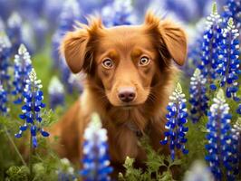 Curious dog exploring a field of blooming wildflower AI Generative photo