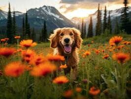 curioso perro explorador un campo de floreciente flor silvestre ai generativo foto