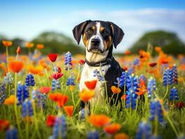 curioso perro explorador un campo de floreciente flor silvestre ai generativo foto