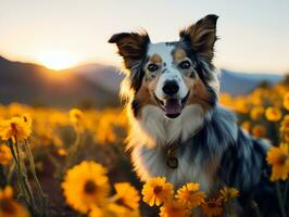 Curious dog exploring a field of blooming wildflower AI Generative photo